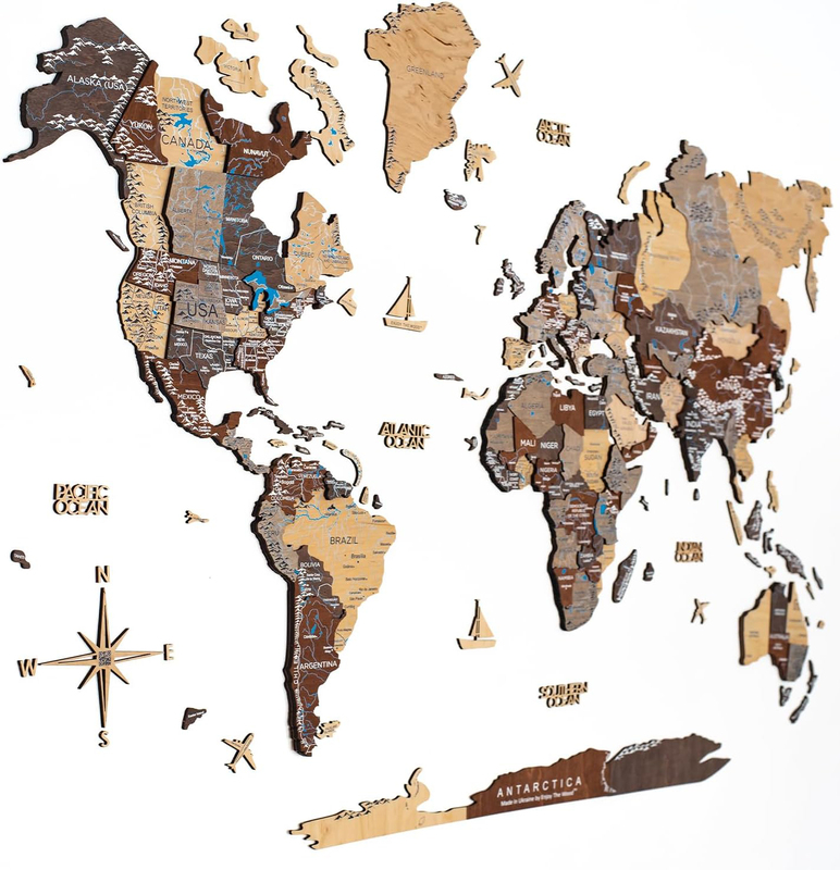 Enjoy The Wood 3D Elegant Wooden World Map Decor Wall Art, M, 100x60cm, Multicolour Prime+