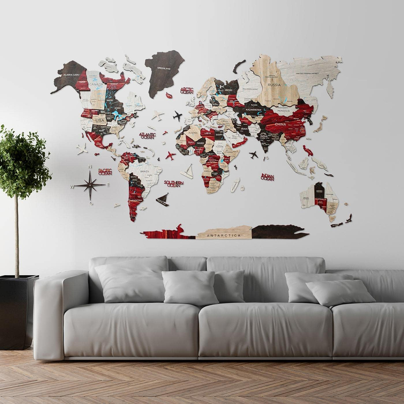 Enjoy The Wood 3D Elegant Wooden World Map Decor Handcrafted and Stylish Wall Art, XXL, 300x175cm, Urban