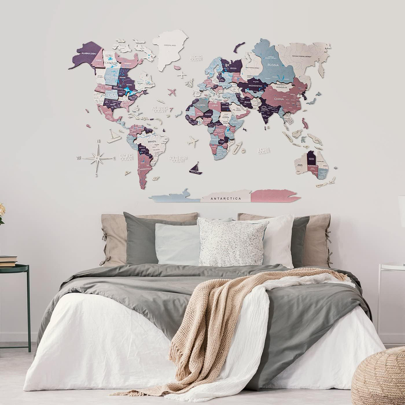 Enjoy The Wood 3D Elegant Wooden World Map Decor Wall Art, M, 100x60cm, Berry Wall