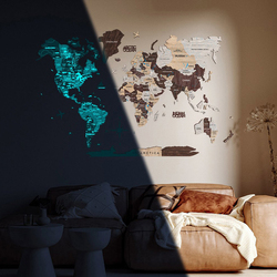 Enjoy The Wood 3D Luminous Wooden World Map Decor Handcrafted and Stylish Wall Art, XL, 200x120cm, Cappuccino