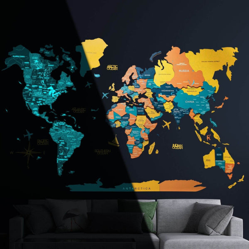 Enjoy The Wood 3D Luminous Elegant Wooden World Map Decor Wall Art with Magical Nighttime Glow, L, 150x90cm, Indie