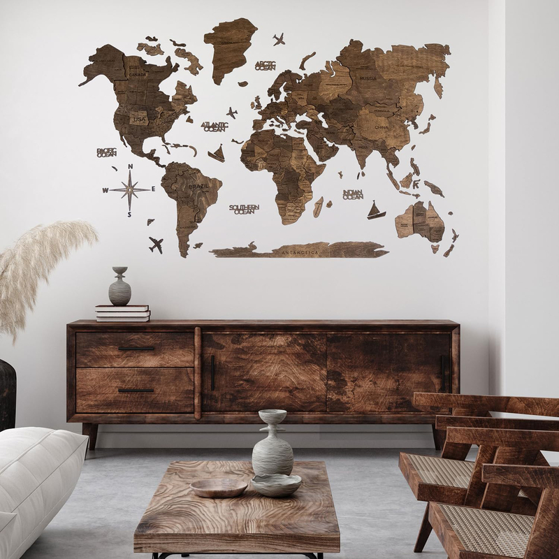 Enjoy The Wood 3D Unique Wooden World Map Decor Wall Art, L, 150x90cm, Dark Walnut