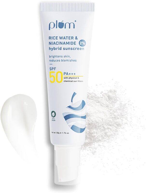 

Plum Sunscreen SPF 50 Face with 2% Niacinamide & Rice Water Hybrid PA+++, Protects Skin, No White Cast, Reduces Blemishes, Non-Greasy, UVA & UVB Prote