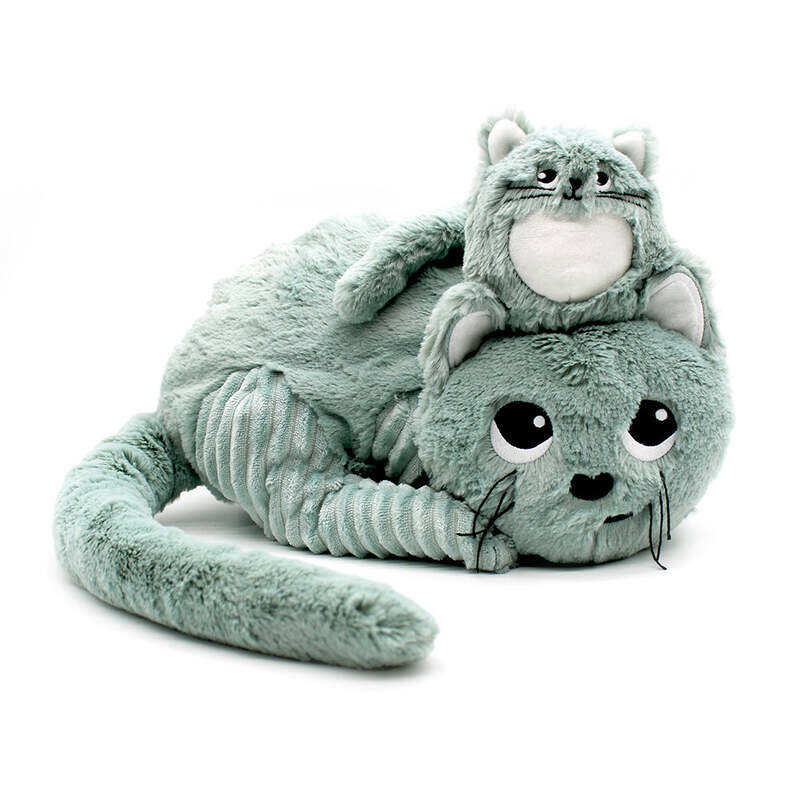 Les Deglingos Plush cat Meow mom and her baby mint green