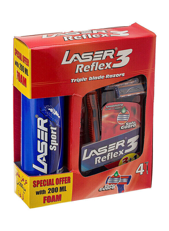 

Laser Reflex 3 Three Blade Disposable Shaving Razor and Sport Shaving Foam, 200ml + 4 Razors, 2 Pieces