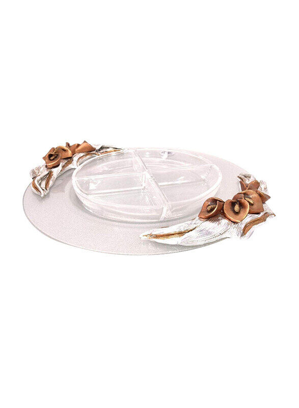 

Kitchen Souq 4 Sections Round Glass Tray with Flower Design Handles, Brown