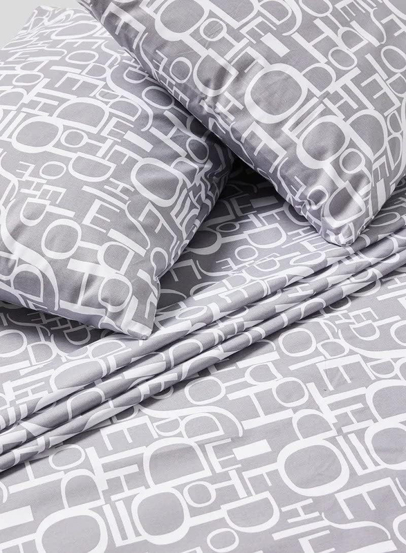 Aceir 3-Piece 180 TC Premium Collection Alphabet Printed Cotton Bedsheet Set, 1 Bedsheet + 2 Pillow Cases, Queen, Grey/White