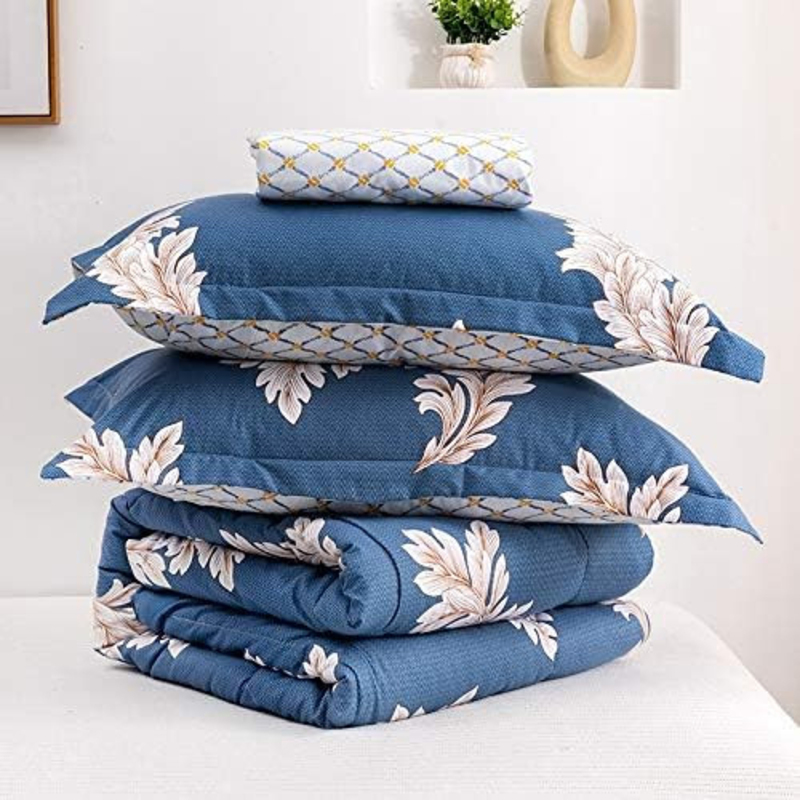 RISHAHOME 4-Piece Comforter Set, 1 Comforter +1 Fitted Sheet + 2 Large Pillowcase, Queen, 210x230 cm, Blue