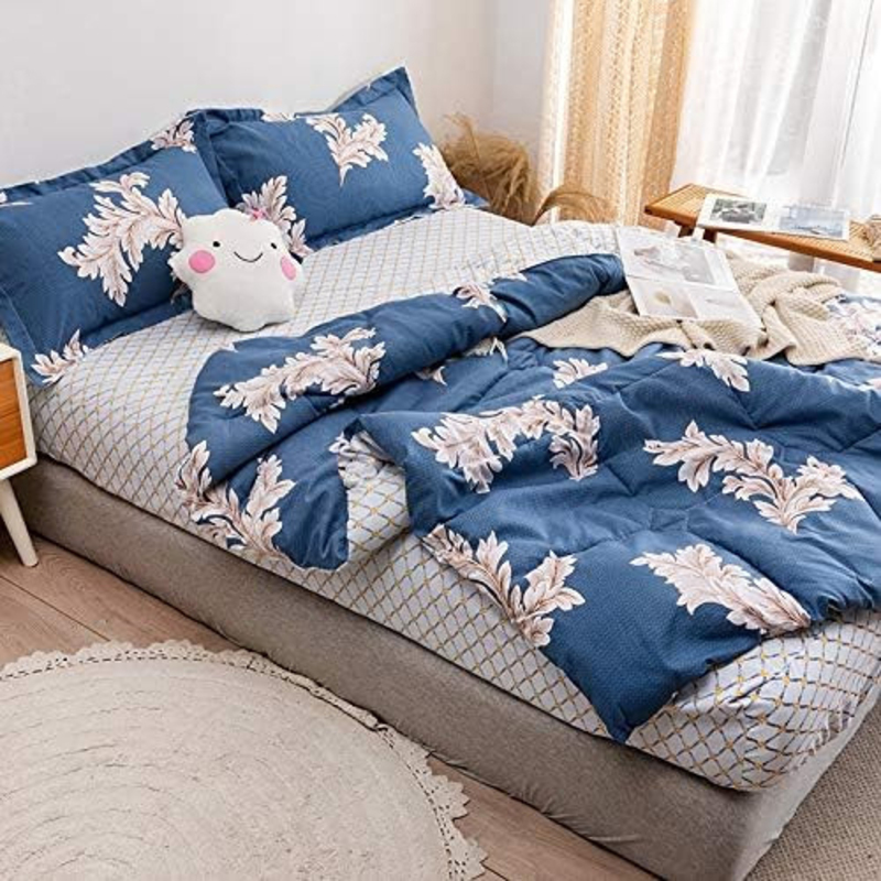 RISHAHOME 4-Piece Comforter Set, 1 Comforter +1 Fitted Sheet + 2 Large Pillowcase, Queen, 210x230 cm, Blue