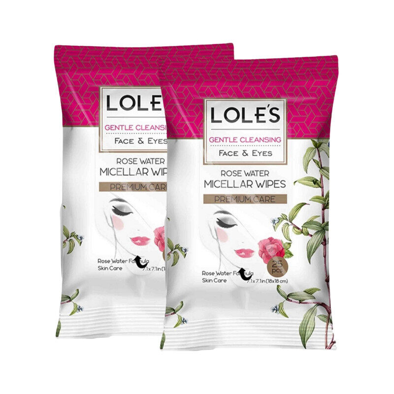 

LOLE'S Makeup Remover Wet Wipes Gentle Cleansing Rose Water, Pack of 2 x 25 Wipes