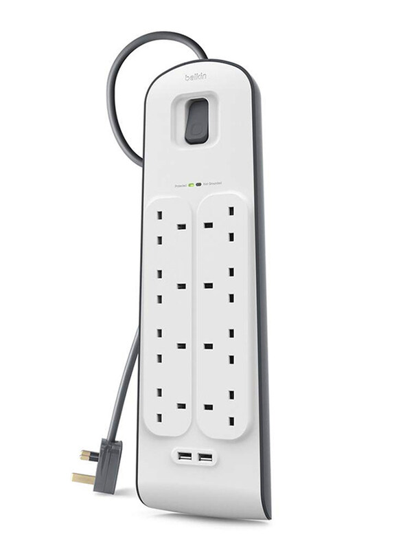 

Belkin 8-Outlet Surge Protection Strip, with 2.4A 2 USB Ports, White/Black