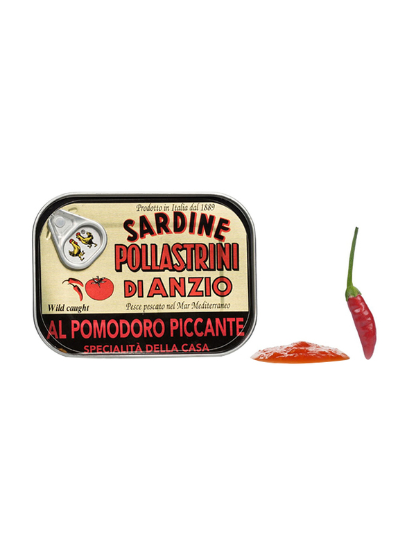 Pollastrini di Anzio Wild Caught Sardines in Tomato Sauce with Hot Pepper, 100g