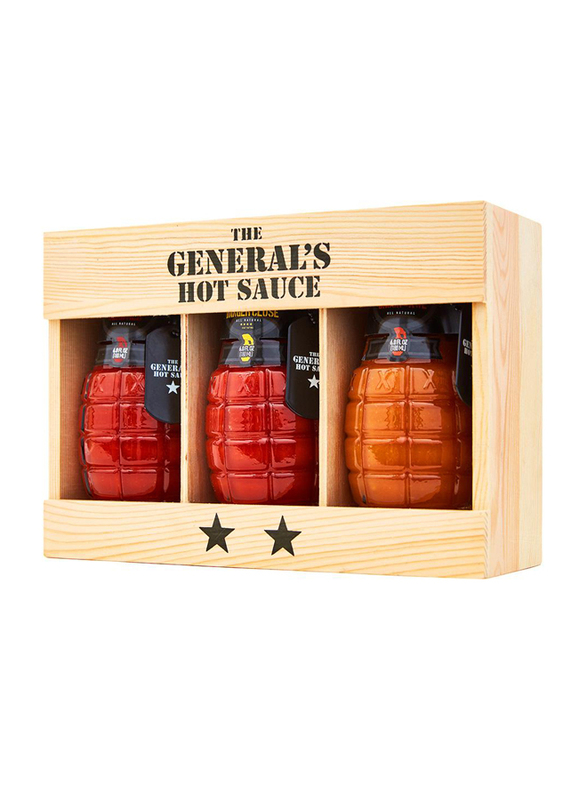 The General's Hot Sauce Peppers Collection Set in Gift Wooden Box, Dead Red/Danger Close/Shock & Awe, 3 Bottles x 180ml