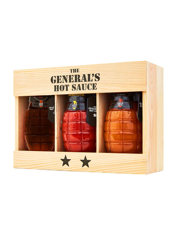 The General's Hot Sauce Peppers Collection Set in Gift Wooden Box, Maple Mayem/Danger Close/Shock & Awe, 3 Bottles x 180ml