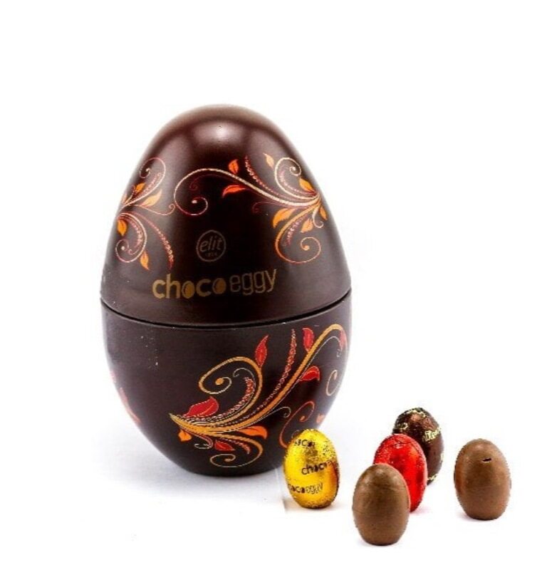 

Elite 1924 ELIT 1924 Choco Eggy Hazelnut Pralin Filled Milk Chocolate in Brown Egg Tin Box, 100gm