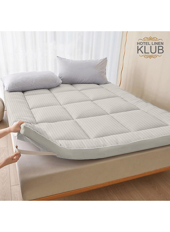 Hotel Linen Klub 85GSM Microfiber Stripe Super Soft Mattress Topper with Extra Thick Fibersheet and Highly Elastic Bands, King, Stone