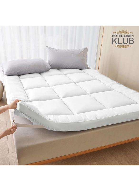 Hotel Linen Klub 100% Cotton 233TC Down Proof Fabric with Piping and 4 Highly Elastic Bands 500GSM Soft and Firm Fiber Mattress Topper, King, White