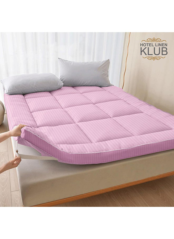 Hotel Linen Klub 85GSM Microfiber Stripe Super Soft Mattress Topper with Extra Thick Fibersheet and Highly Elastic Bands, Double, Pink