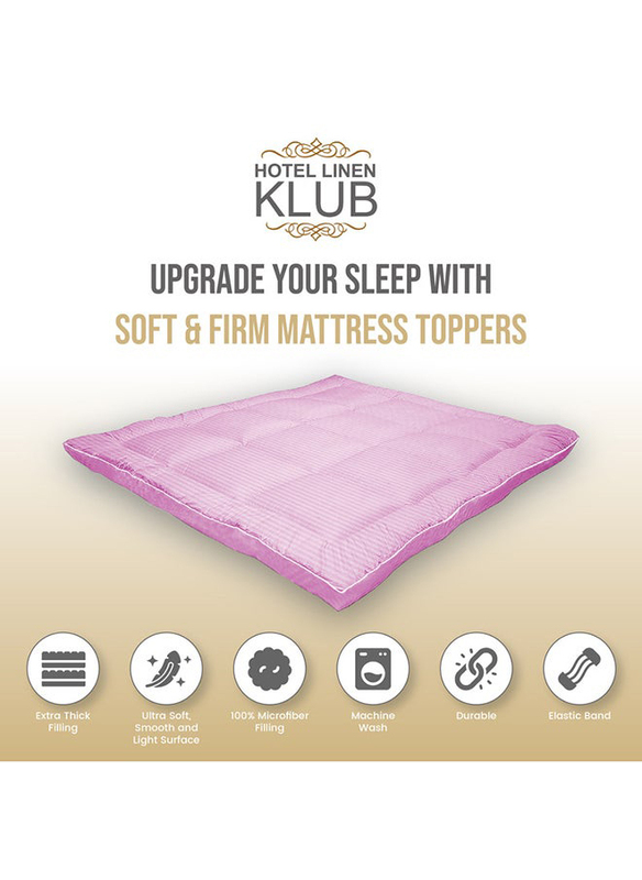 Hotel Linen Klub 85GSM Microfiber Stripe Super Soft Mattress Topper with Extra Thick Fibersheet and Highly Elastic Bands, Super King, Pink