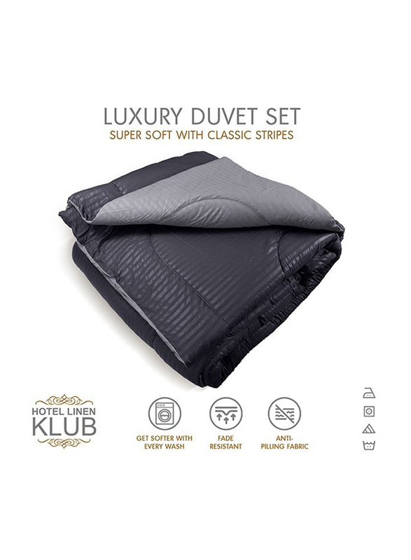 Hotel Linen Klub 200GSM Ultra Soft Brushed Stripe Microfiber Fabric Reversible Down Alternative Comforter Set, 1 Comforter + 1 Fitted Sheet + 1 Pillowcases, Single, Charcoal/Lt. Grey