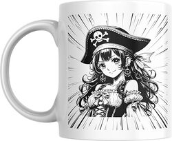 Pirate Girl Manga Design Kaiju Anime Coffee Mug, 11oz, White, Gift for Manga Fan