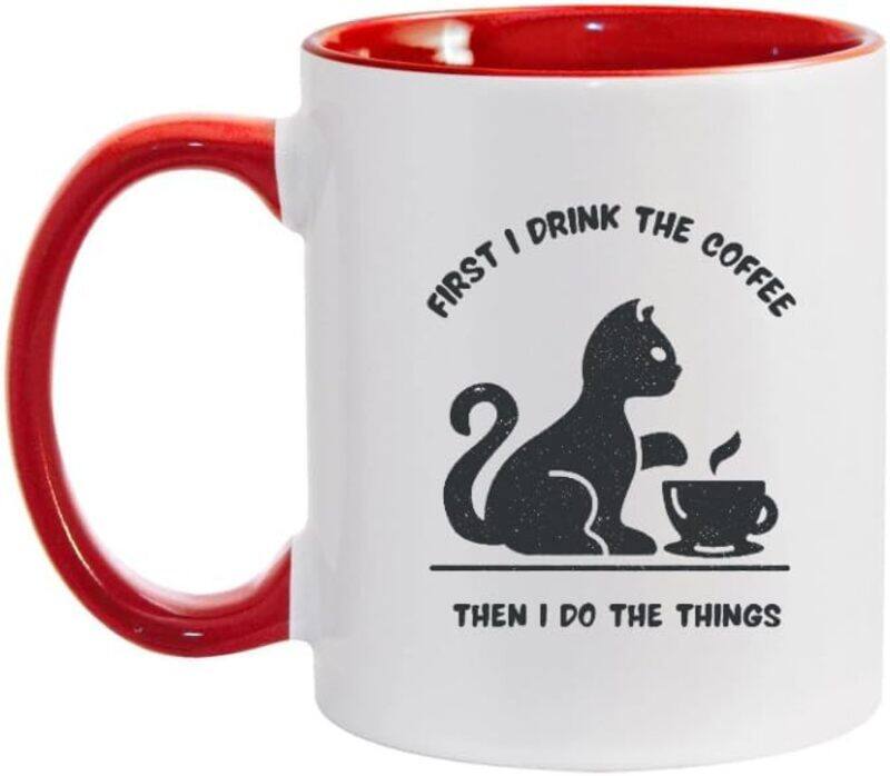 

SIESTASAFARI Funny Cat Coffee Mug, 11 oz Mug with Cat Print, First I Drink the Coffee Then I Do the Things