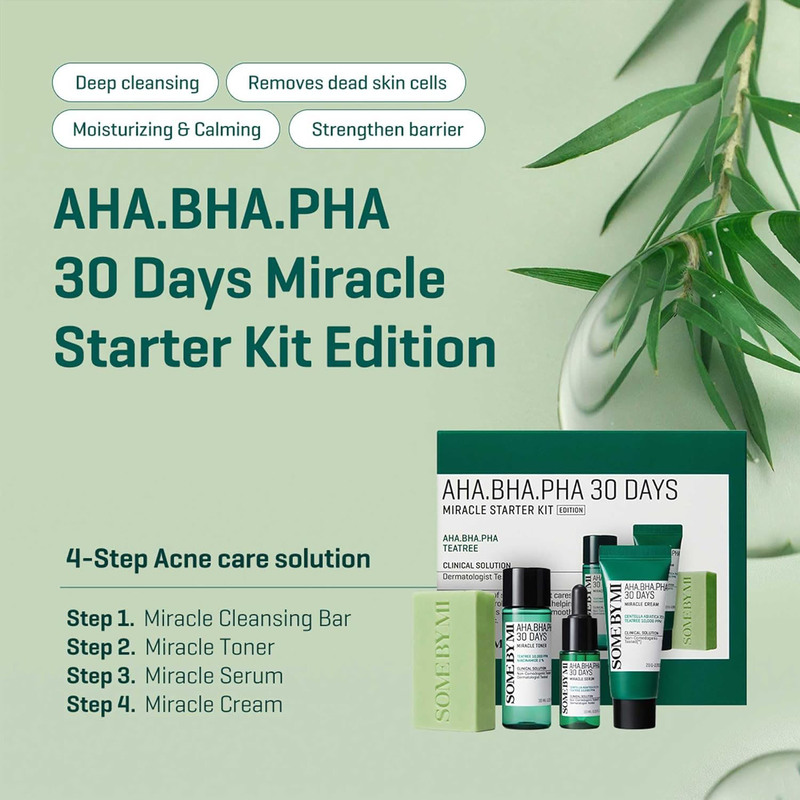 Some By Mi AHA-BHA-PHA 30 Days Miracle Starter Kit, Toner 30ml + Serum 10ml + Cream 20g + Cleansing Bar 30g, 4 Pieces