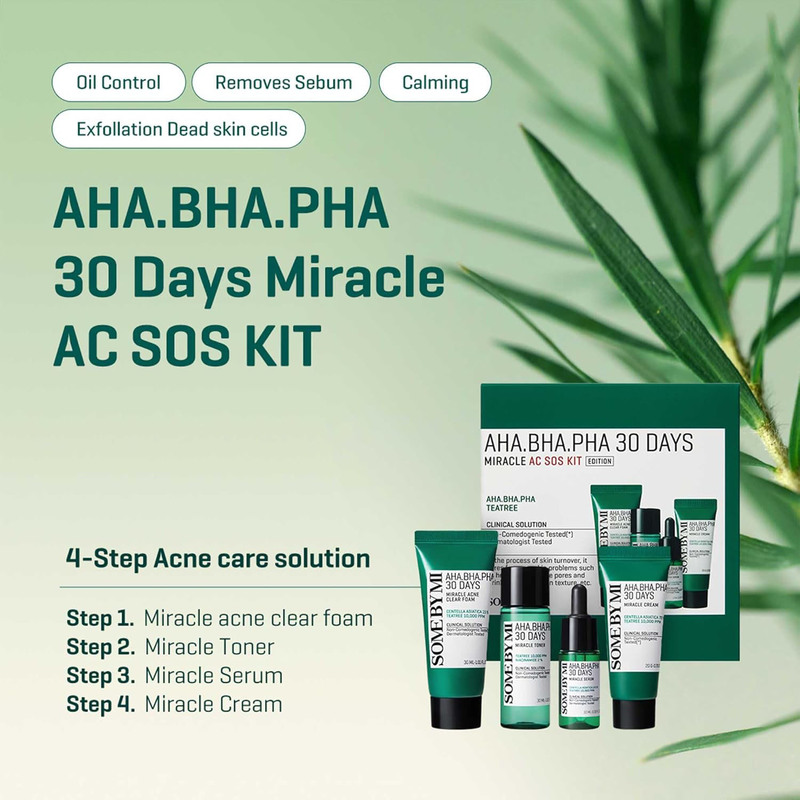 Some By Mi Aha.Bha.Pha 30Days Starter Limited Edition Miracle AC SOS Kit Set, Toner 30ml + Serum 10ml + Cream 20gm + Miracle Acne Clear Foam 30ml, 4 Pieces