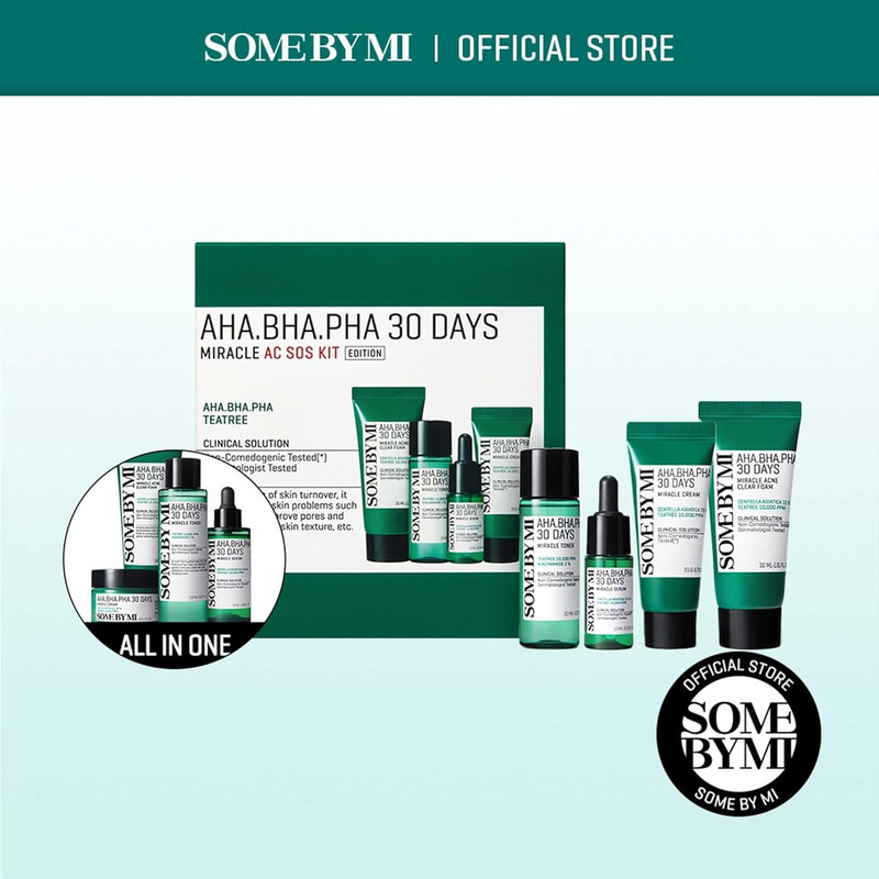 Some By Mi Aha.Bha.Pha 30Days Starter Limited Edition Miracle AC SOS Kit Set, Toner 30ml + Serum 10ml + Cream 20gm + Miracle Acne Clear Foam 30ml, 4 Pieces