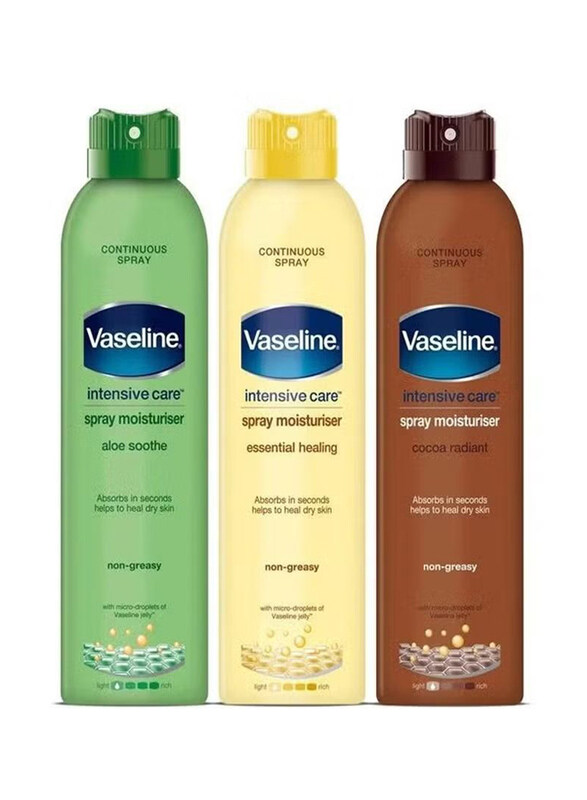 

Vaseline Aloe Soothe, Essential Healing & Cocoa Radiant Intensive Care Fresh Body Spray Moisturizer Set for Dry Skin, 3 x 190ml