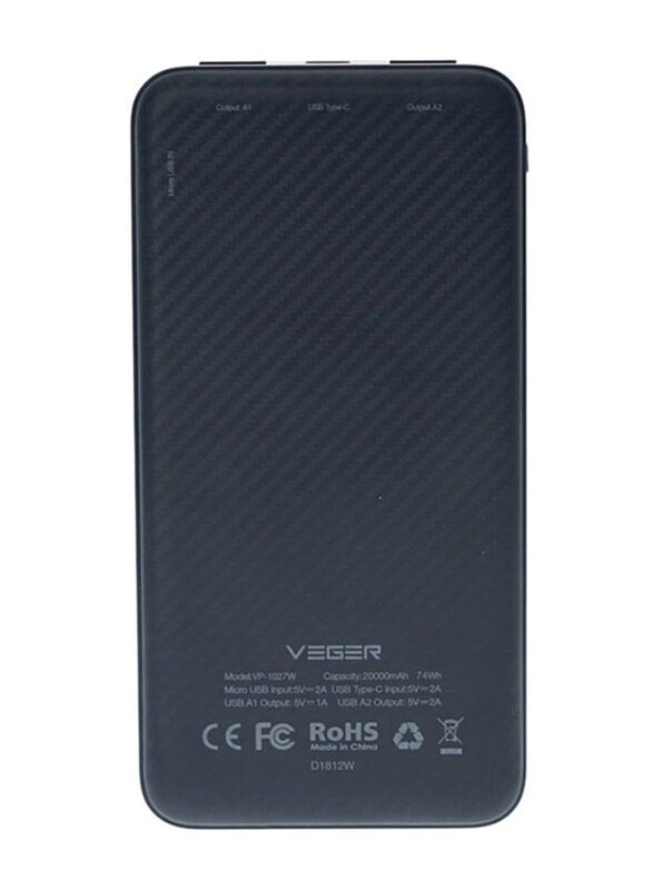 

Veger 20000mAh Renewed Power Bank, VP-1027W-2, Black