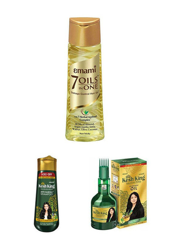 

Emami 7 Oils-in-1 Hair Oil Damage Control With Kesh King Scalp Hair Medicine Ayurvedic Oil Green and Anti Hairfall Shampoo, 3 Pieces