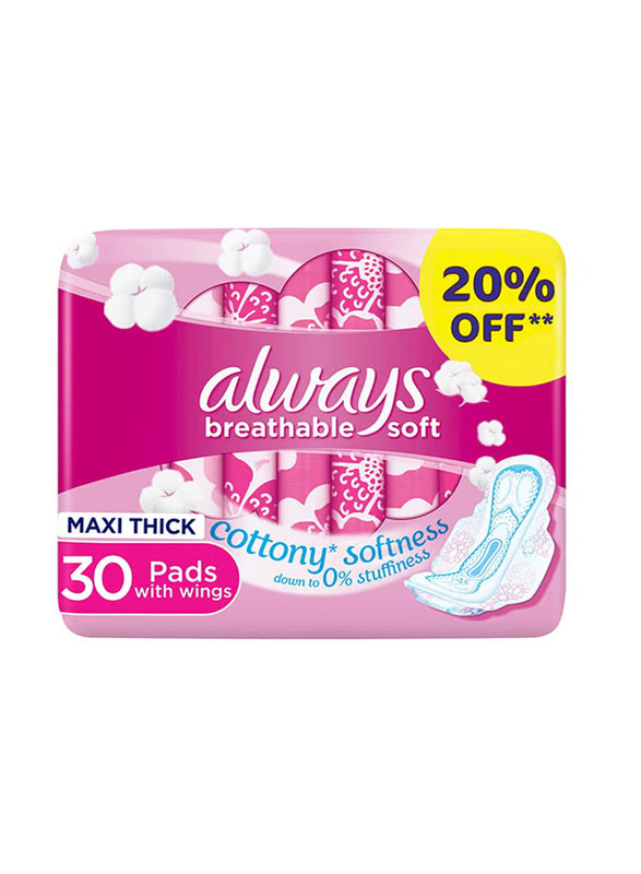 

Always Breathable Soft Maxi Thick Large Sanitary Pads with Wings, 30 Pieces