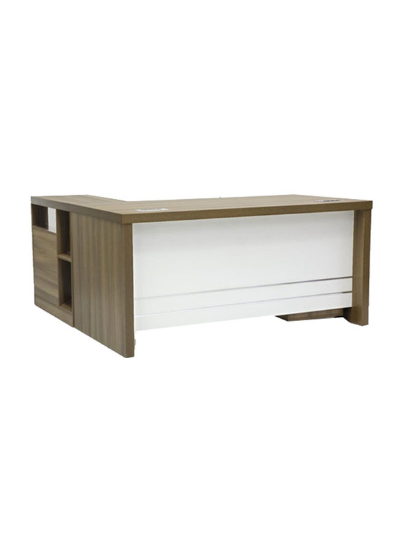 Karnak Modern Wooden Executive Office Desk with Key Locker Door & Drawer, Greay Walnut/White