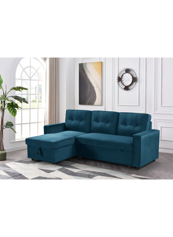 Karnak 3 Seater Diwan Sofa Bed With Cushions L-Shaped Storage Space for Living Room Furniture, Blue