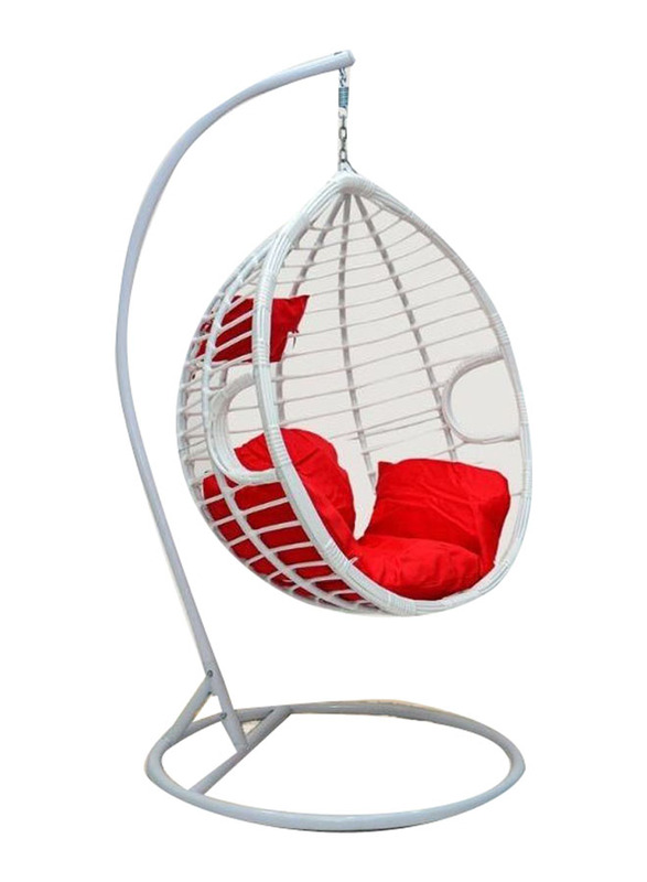 Karnak Indoor Outdoor Patio Wicker Hanging Egg Chair Swing with UV Resistant Stand & Cushions, White