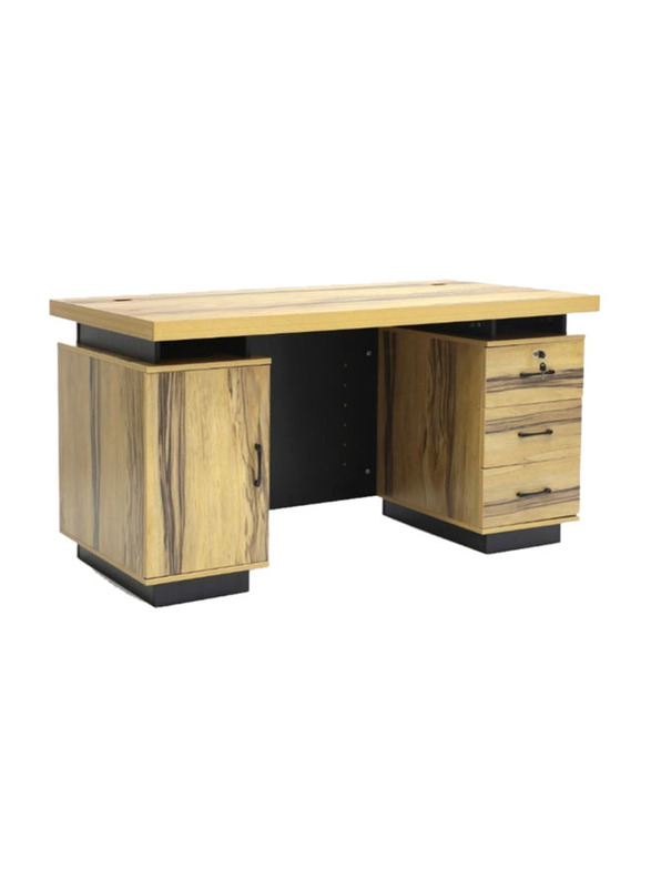 Karnak Wooden Executive Office Desk with Locker Drawers & Front Leather Tufted, Light Oak/White