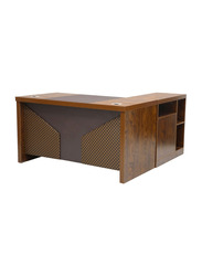 Karnak Modern Wooden L-Shaped Executive Desk with Locker Drawer and Door, Golden Oak/Brown