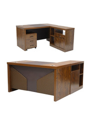 Karnak Modern Wooden L-Shaped Executive Desk with Locker Drawer and Door, Golden Oak/Brown