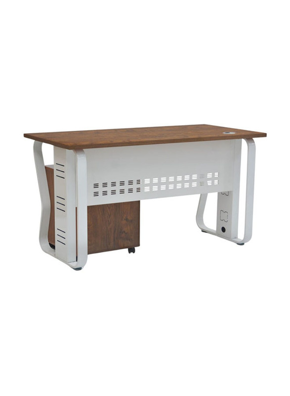 Karnak Modern Laminated Office Table Desk with Metal Legs with Drawers, White/Brown