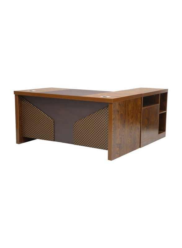 Karnak Modern Wooden L-Shaped Executive Desk with Locker Drawer and Door, Golden Oak/Brown