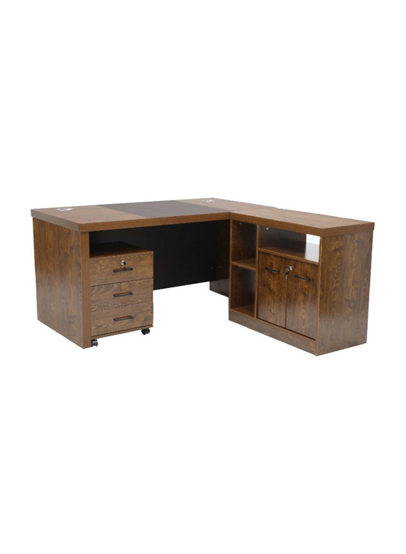 Karnak Modern Wooden L-Shaped Executive Desk with Locker Drawer and Door, Golden Oak/Brown