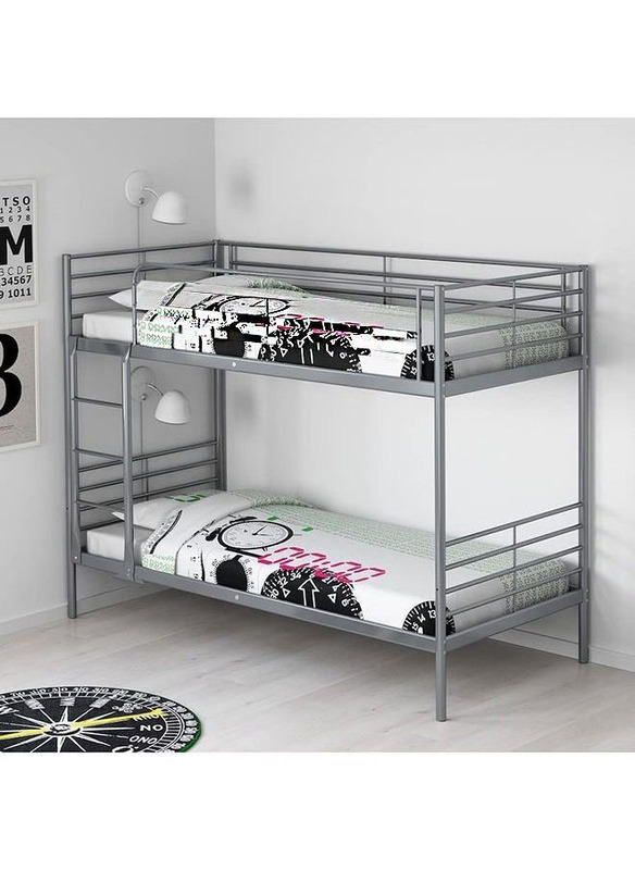 Karnak Bunk Bed Metal Frame Safety Rails, Built-In Ladder Heavy Duty with 2- Medicated Mattress, Grey