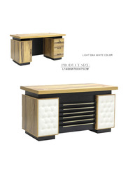 Karnak Wooden Executive Office Desk with Locker Drawers & Front Leather Tufted, Light Oak/White