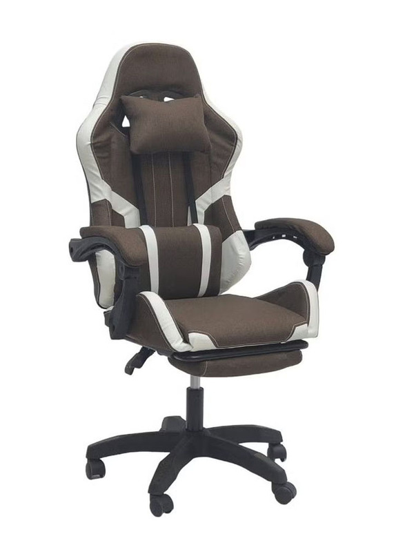 Karnak Fabric Reclining High Back Fabric Office Gaming Chair with Adjustable Swivel Headrest Footrest & Lumbar Support, Brown/White