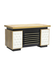 Karnak Wooden Executive Office Desk with Locker Drawers & Front Leather Tufted, Light Oak/White