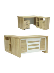 Karnak Modern Wooden L-Shaped Executive Desk with Locker, White/Beige