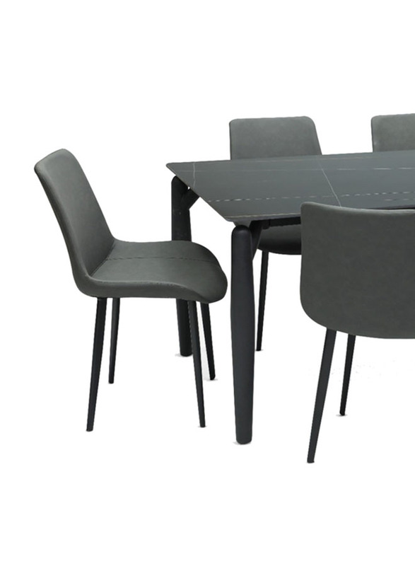 Karnak Modern Design Marble Dining Table Set with Leather Chairs, Black/Grey