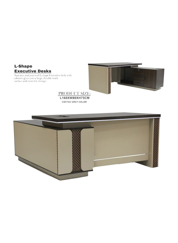 Karnak Modern Wooden L-Shaped Executive Desk with Locker/Drawer and Door, Coffee Grey