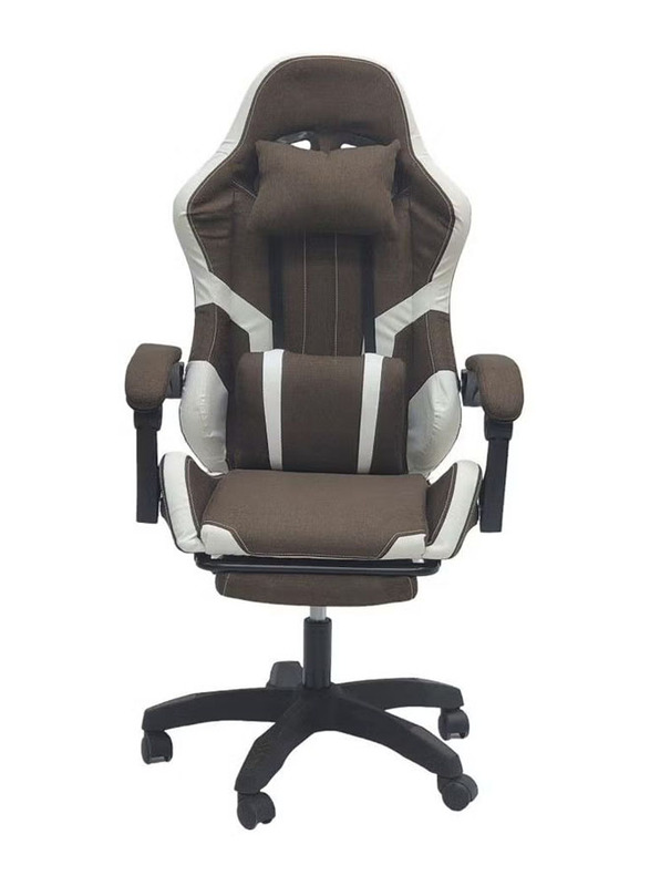 Karnak Fabric Reclining High Back Fabric Office Gaming Chair with Adjustable Swivel Headrest Footrest & Lumbar Support, Brown/White